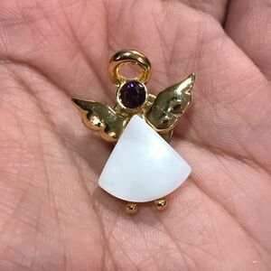 Purple Rhinestone And White Shell Angel Gold Tone Brooch Pin